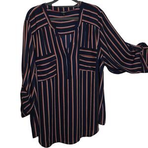 Torrid Harper Striped Blouse Size 3 (3X) | Navy Red Orange Roll Tab Top